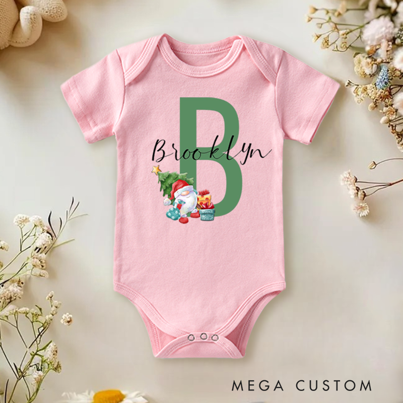 Personalized Baby Onesie and Holiday Baby Bodysuit with Santa and Christmas Tree Design Featuring Baby's Initial for a Festive Look
