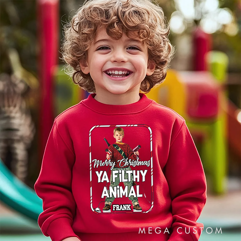Personalized Kids Sweatshirt and Holiday Pullover Hoodies with Iconic Movie Design Featuring Festive Phrase and Photo for a Playful Christmas Vibe