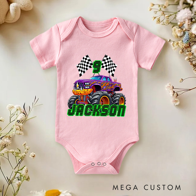 Personalized Big Wheel Off-Road Truck Multicolor Baby Bodysuit with Age and Name Birthday Christmas Gift for Baby