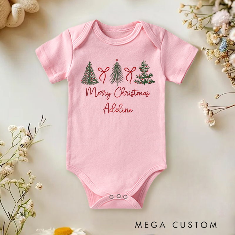 Personalized Baby Onesie and Holiday Baby Bodysuit with Christmas Tree and Bow Design for a Merry Christmas