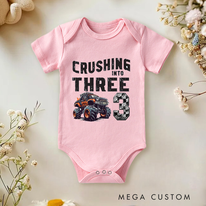 Personalized Crushing into Three Monster Truck Birthday Baby Bodysuit Monster Truck Party Birthday Boy Bodysuit Racing Bodysuit Truck Yeah Shirt 