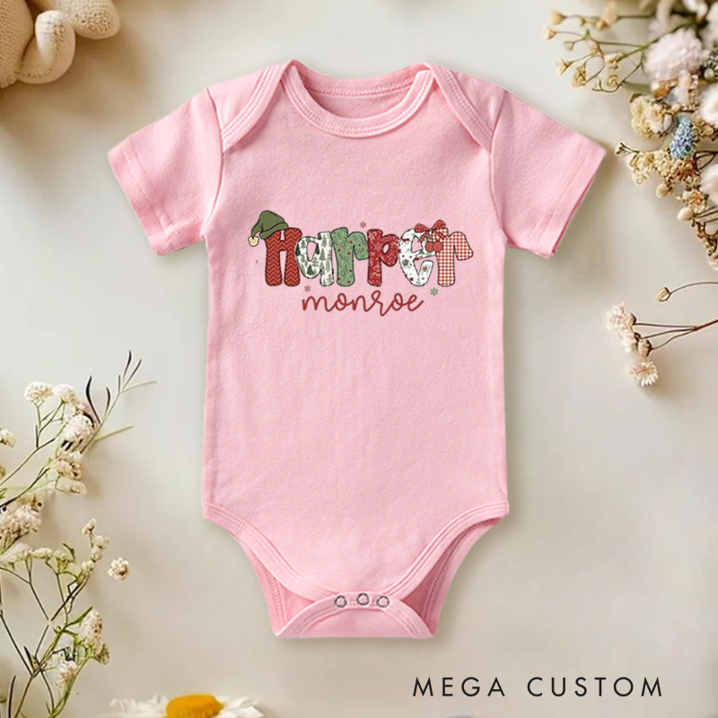 Personalized Baby Onesie and Holiday Baby Bodysuit with Festive Patchwork Letter Design for a Joyful Christmas