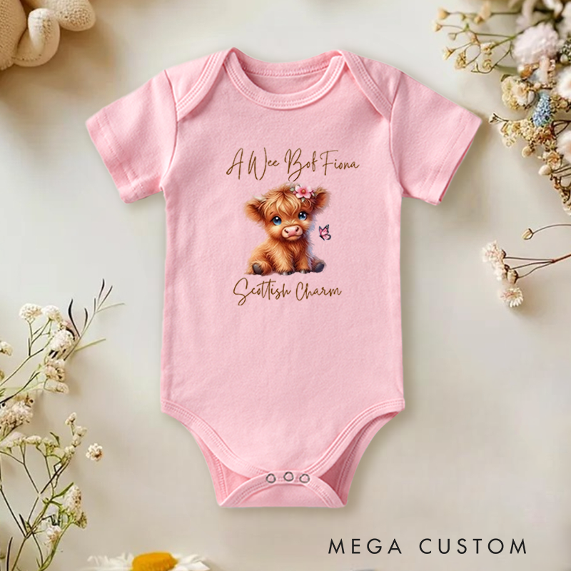 Personalized Baby Onesie and Scottish Themed Baby Bodysuit with Adorable Highland Cow and Butterfly Design for a Charming Touch