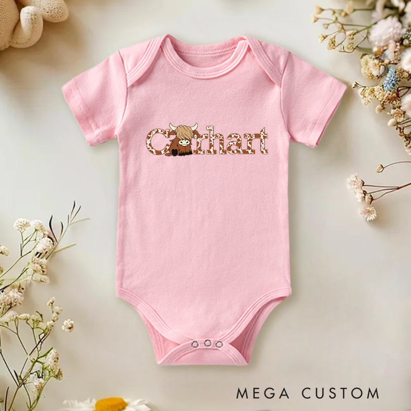 Personalized Baby Onesie and Farm Themed Baby Bodysuit with Cute Highland Cow and Cowhide Letter Design for a Rustic Charm
