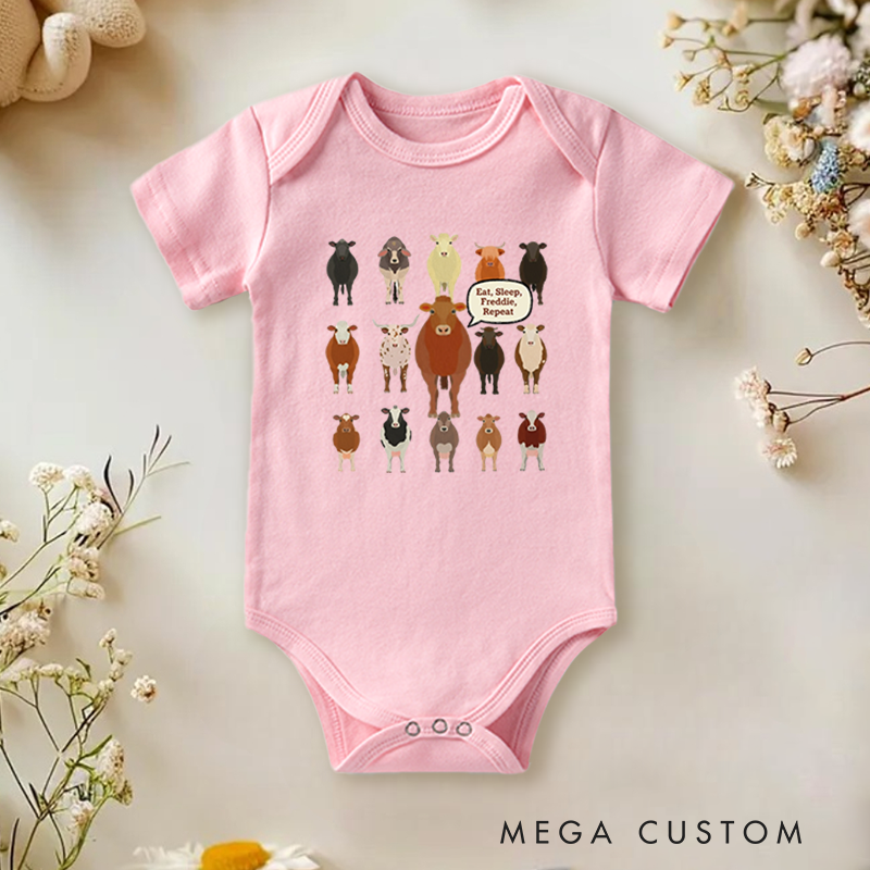 Personalized Baby Onesie and Farm Themed Baby Bodysuit with Cute Cow Patterns and Fun Text Design for a Playful Vibe