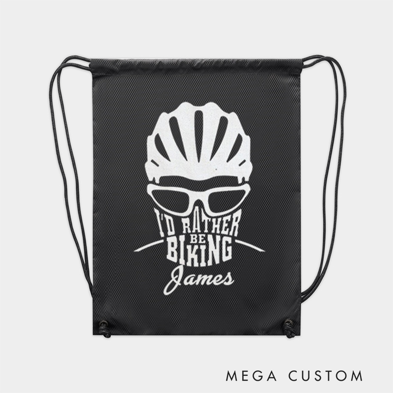 Personalized Drawstring Bag About Id Rather Be Biking Sports Backpack Bags Biker Typography Graphic Eco Friendly Tote Bag Bike Enthusiast Gift
