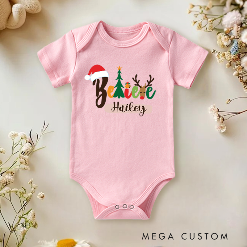 Personalized Baby Onesie and Festive Baby Bodysuit with Christmas Tree and Reindeer Design for a Joyful Holiday Season