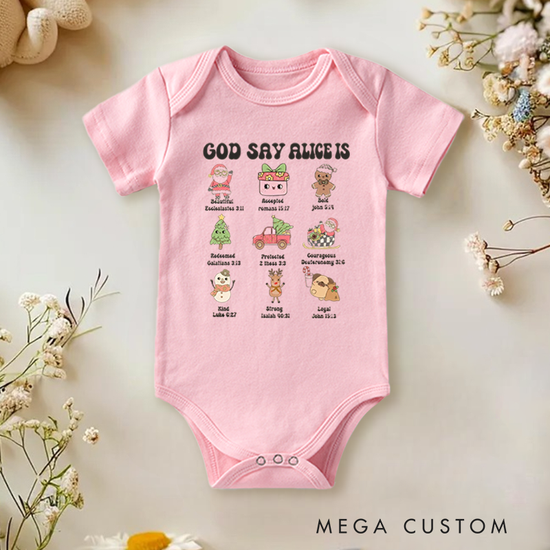 Personalized Baby Onesie and Inspirational Baby Bodysuit with Cute Character and Scripture Design for a Faith Filled Touch