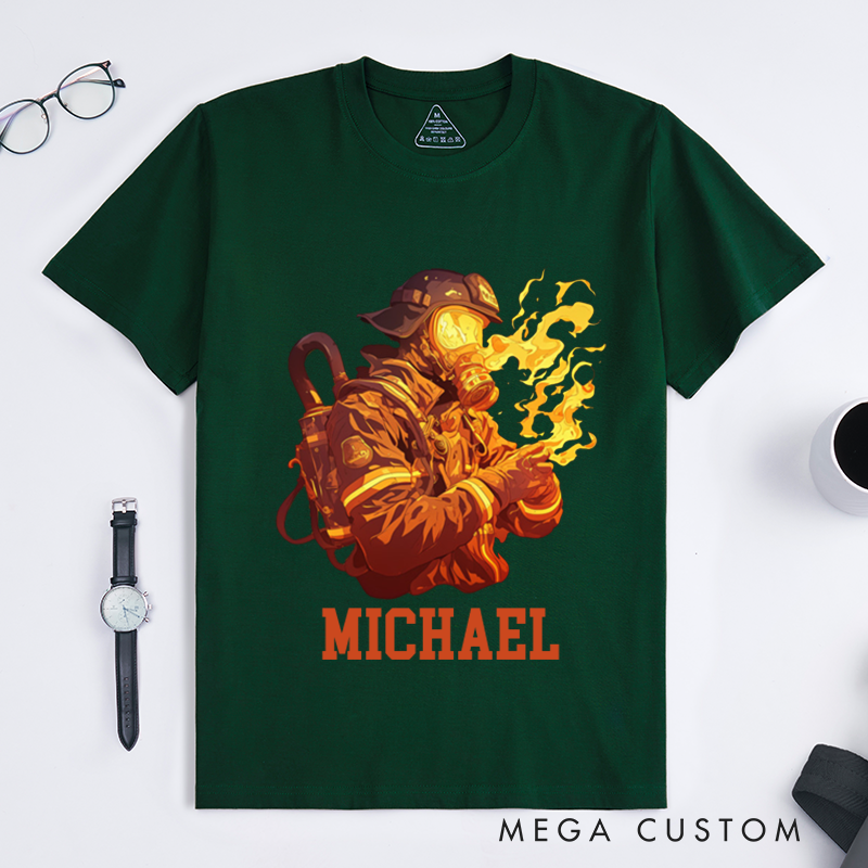 Personalized Firefighter T-Shirts Custom Firefighter Flames Graphic Design T-Shirt Firefighter Dad Gift