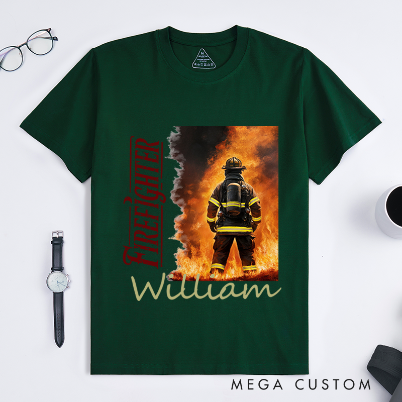 Personalized Heroic Firefighter and Flames Illustration Design Gift for Firefighter T-Shirt
