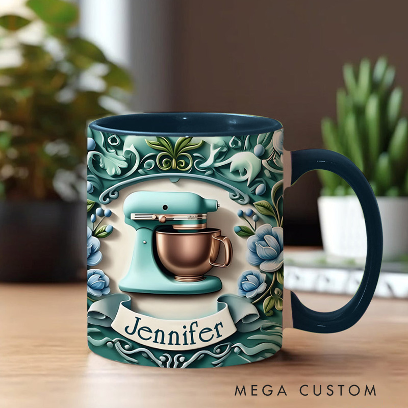 Personalized Baking Mixer Mug 11oz Ceramic Baking Accent Mug with Name Floral Coffee Cup for Baker Mom Sister Daughter Baking Lover Gift