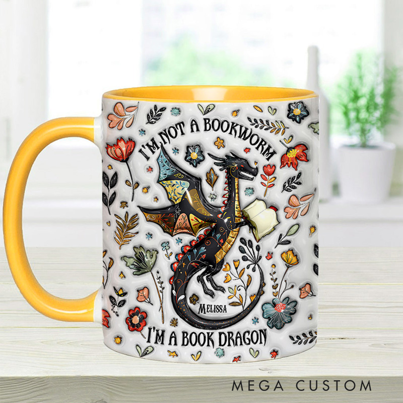Personalized I'm Not a Book Worm I'm a Book Dragon Mugs Custom Book Accent Mug with Name Bookworm Coffee Cup for Reader Bookworm Book Lover Librarian Gift
