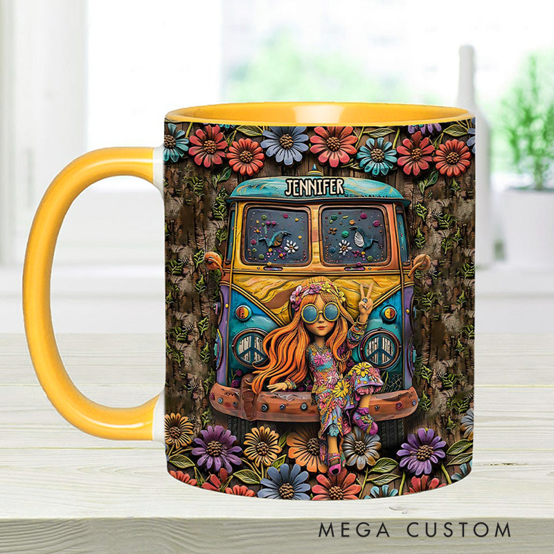 Personalized Hippie Accent Mug Hippie Lover Gifts for Girls Travel Cup Colorful Hippie Car Hippie Coffee Mug Bohemian Coffee Mug Peace Love Cup