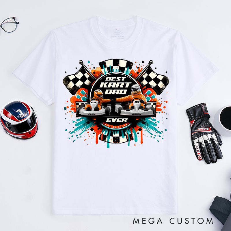 Personalized Kart Racing Dad and Kid T-Shirt Custom Names and Numbers Gift for Racing Families and Kart Lovers