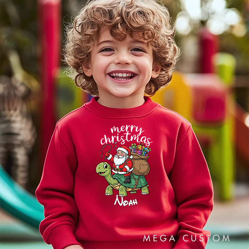 Personalized Kids Sweatshirt and Holiday Pullover Featuring Santa and Turtle Design for a Cheerful Christmas Atmosphere