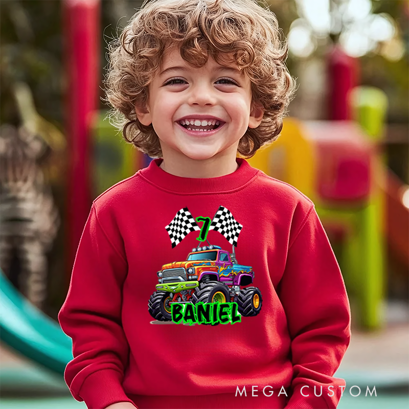 Personalized Big Wheel Off Road Truck Multicolor Kid's Sweatshirt Hoodie with Age and Name Birthday Christmas Gift for Kids