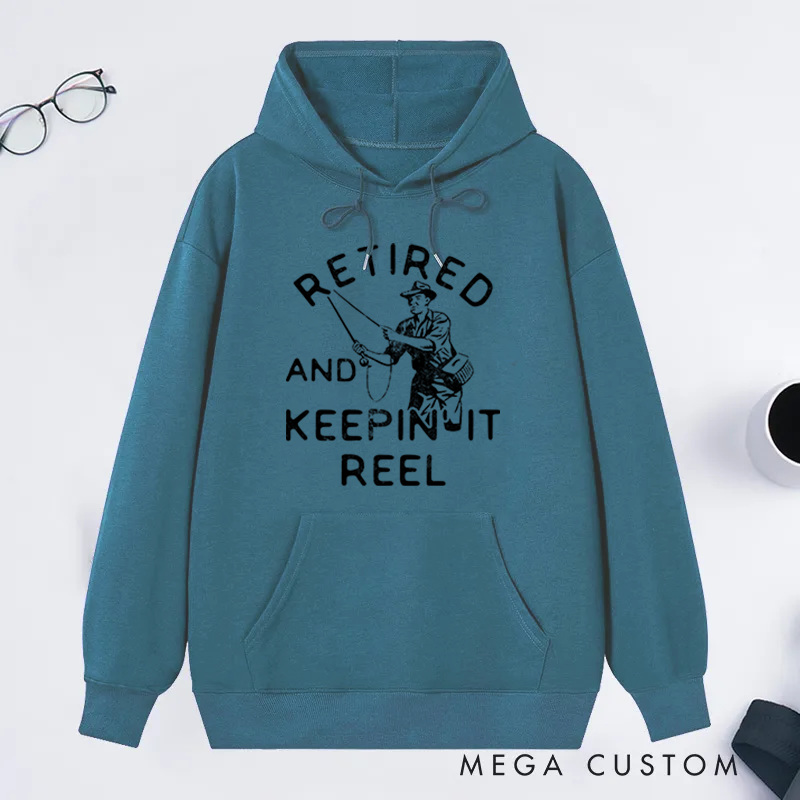 Personalized Retired and Keepin' It Reel Hoodie Funny Fishing Sweatshirt for Retirees Cozy Outdoor Apparel Perfect Gift for Fishing Enthusiasts