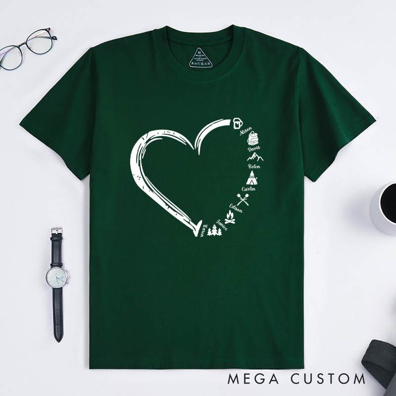  Personalized Cute Heart-shaped Camping Elements T-shirt with Name Gift for Camp Nature Lover
