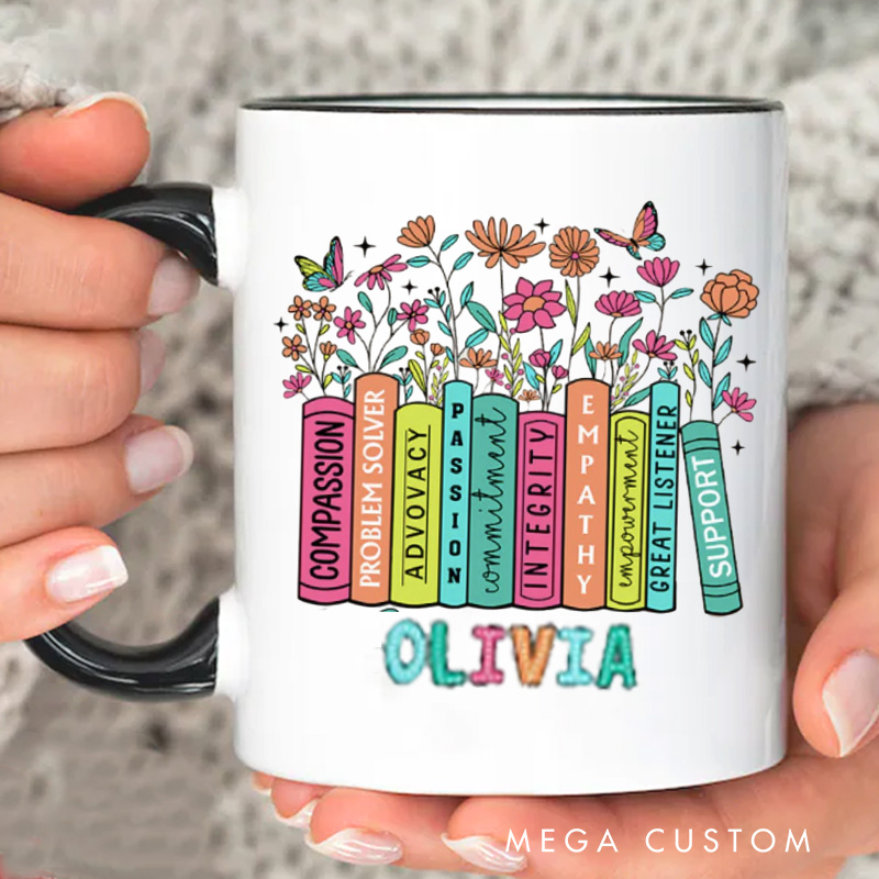 Personalized Floral Book Mug 11oz Ceramic Reading Accent Mug with Name for Bookworm Bookish Coffee Cup Book Lover Gift