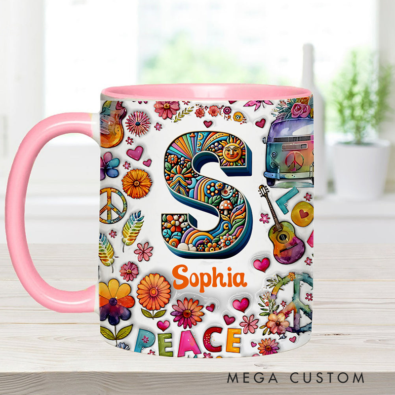 Personalized Hippie Soul Personalized name and Initial Letter mug Hippie Accent Mug for Holiday Decor Family Gifts and Party Favors