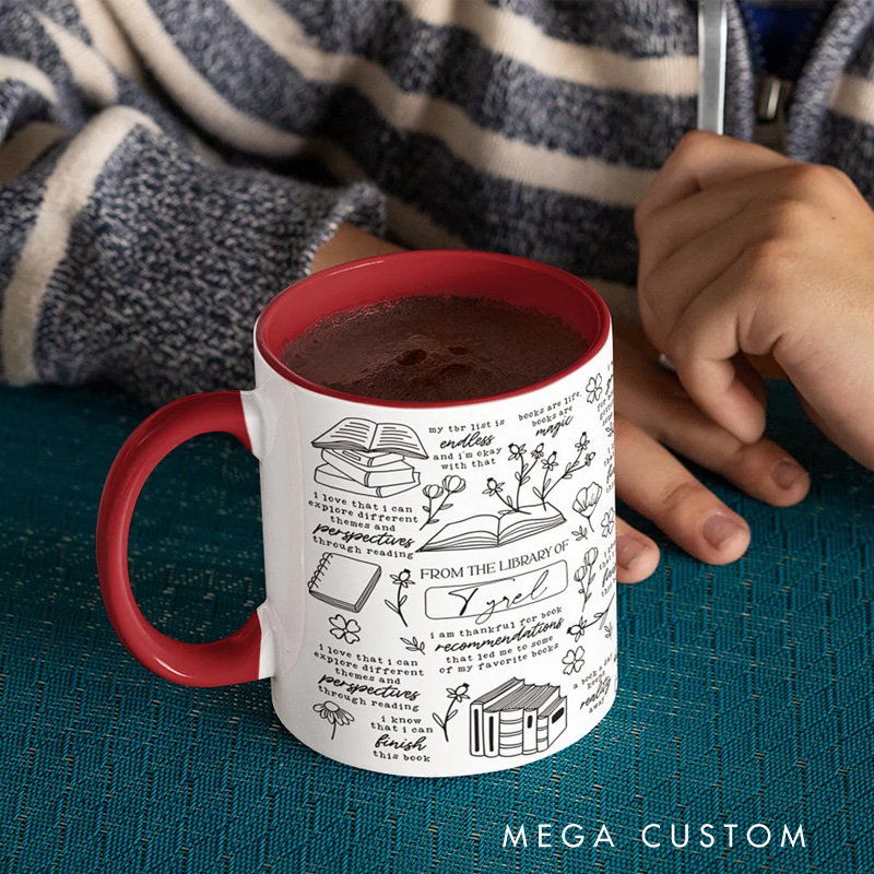 Personalized from the Library of Mug with Name Floral Book 11oz Ceramic Coffee Cup with Daily Affirmation Reading Accent Mug Gift for Family Friend Reading Lover