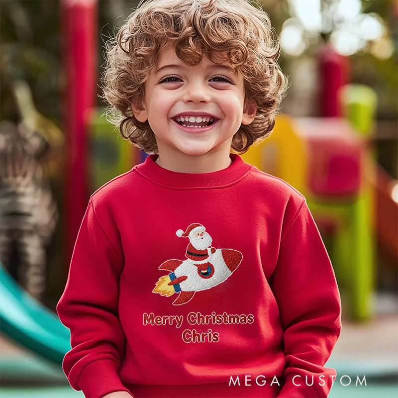 Personalized Kids Sweatshirt and Holiday Pullover with 3D Rocket Print and Santa Design Featuring Festive Christmas Elements for a Joyful Winter Look 