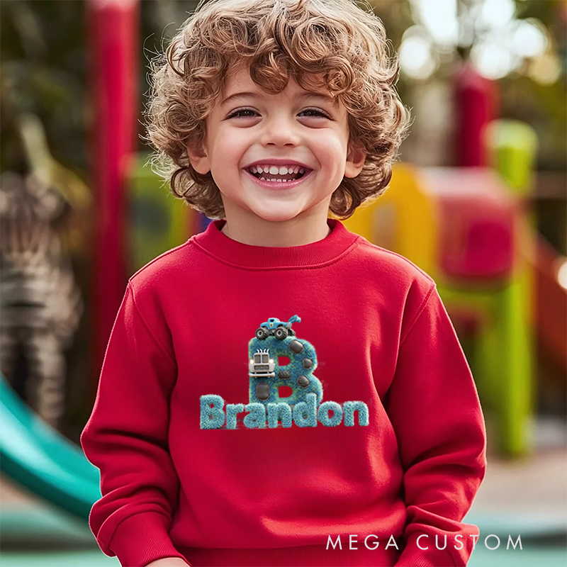 Personalized Kids Sweatshirt and Holiday Pullover with 3D Initial Letter and Robot Design Featuring Fun Cartoon Style for a Playful Everyday Look