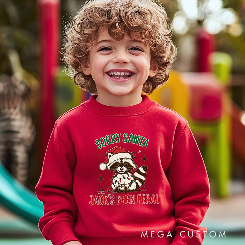 Personalized Kids Sweatshirt and Holiday Pullover with Funny Raccoon and Santa Christmas Design Featuring Festive Cartoon Elements for a Playful Winter Look