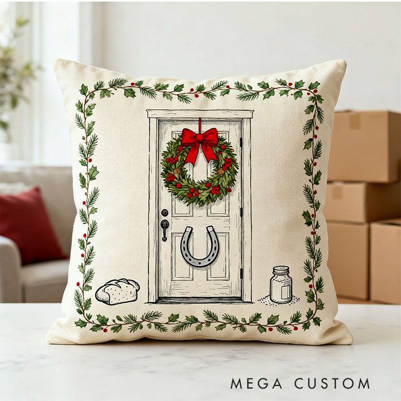 Personalized Holiday Door Pillow Festive Wreath and Horseshoe Design Decorative Cushion Cozy Christmas Home Decor Soft Throw Pillow for Living Room