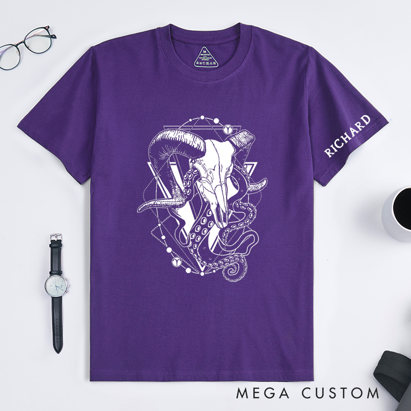 Personalized Ram Skull Tentacle Art Classic T-Shirts Custom Name Gothic Animal Graphic Unisex T-Shirt Unique Birthday Gift for Men Women Friends