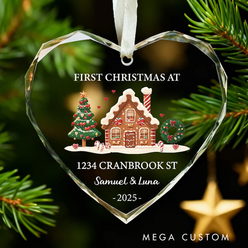 Personalized Heart Ornament First Christmas 2025 Custom Address Gingerbread House Design Festive Holiday Keepsake for New Homeowners Unique Gift Idea