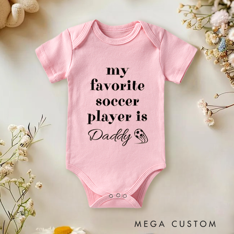 Personalized Soccer Baby Onesie with Minimal Text and Soccer Graphic, made from Soft Cotton Fabric with Editable Name or Title