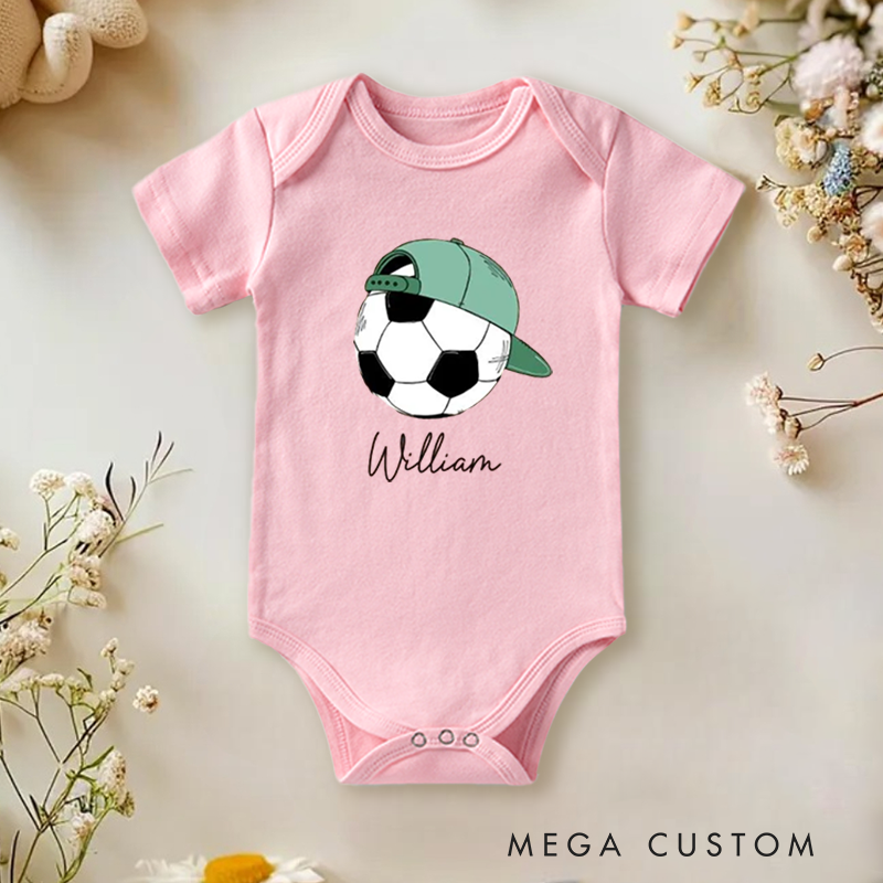 Personalized Soccer Baby Onesie with Baseball Cap and Ball Graphic, made from Soft Cotton Fabric with Editable Name