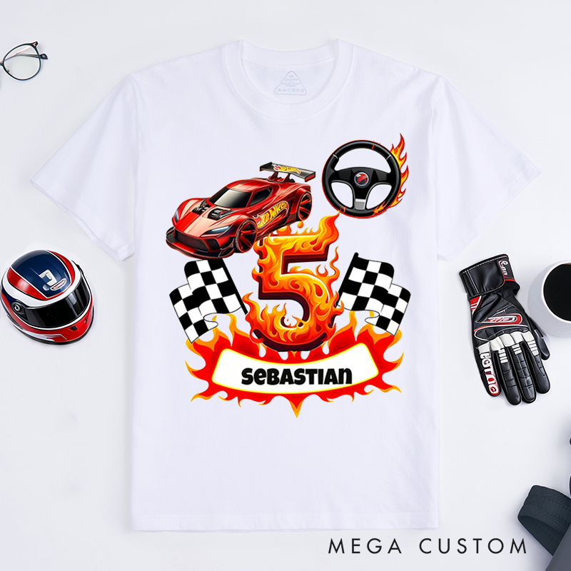 Personalized Racing T-Shirt Custom Name and Number Flame Car Checkered Flag Design for Racers and Racing Lovers