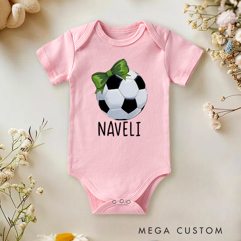 Personalized Soccer Baby Onesie with Bow and Ball Design Soft Cotton Fabric and Editable Name or Nickname