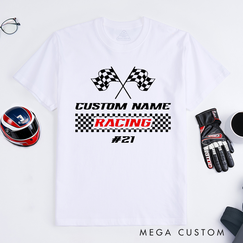 Personalized Racing T-Shirt Custom Name and Number Race Team Tee Gift for Racers and Racing Lovers