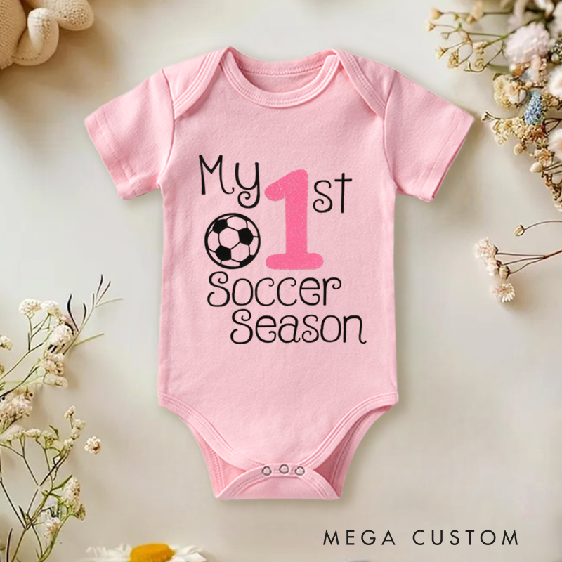 Personalized Baby Onesie with Soccer Ball and Number Motif Design Symbolizing Growth and Special First Milestones