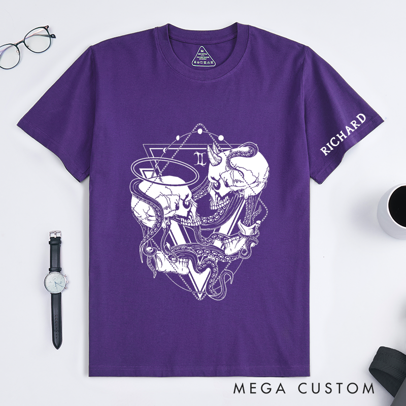 Personalized Gothic Skull Gemini Classic T-Shirts Unique Tentacle Art Custom Name Gift for Men Women Birthday Present Halloween Occult Lovers
