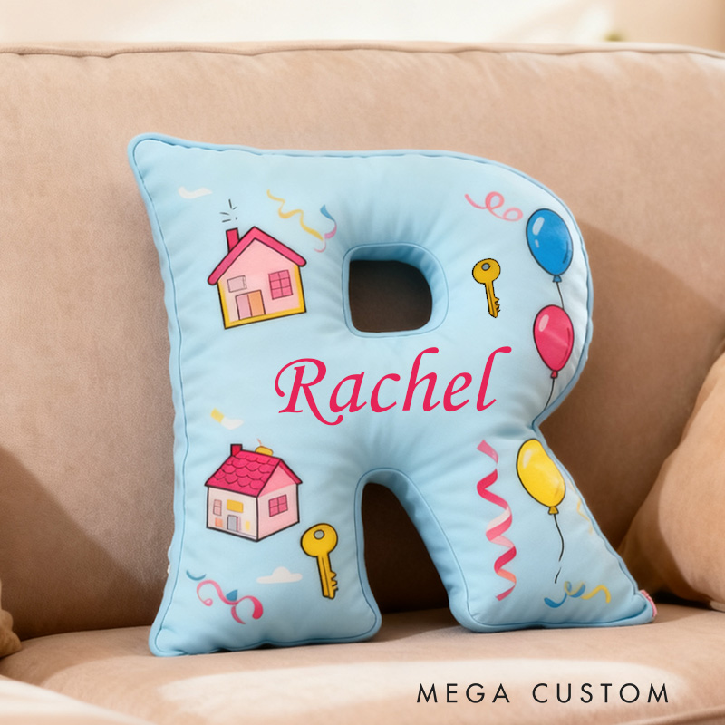 Personalized New Home Letter Pillow Graphic 3D Print Custom Name Design Soft Decorative Cushion with House and Balloon Theme Perfect Gift