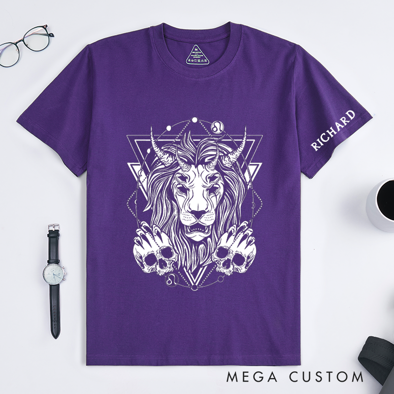 Personalized Lion Skull Horns Design Classic T-Shirts Unique Gothic Animal Art Custom Name Gift for Men Women Birthday Present Fashionable