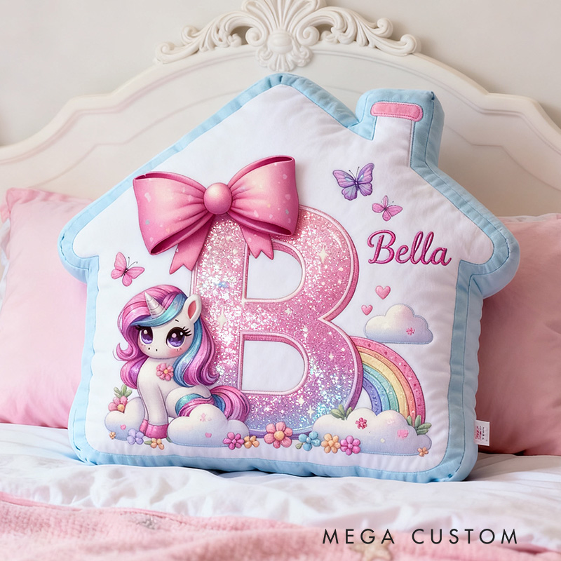Personalized Unicorn Pillow House-Shaped 26 Letters Custom Name Design Perfect for Girl's Bedroom Decor and Gift Idea Graphic 3D Print