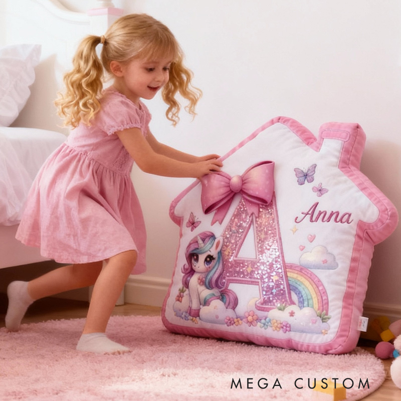 Personalized Unicorn Pillow Pink House-Shaped 26 Letters Custom Name Design Perfect for Girl's Bedroom Decor and Gift Idea Graphic 3D Print