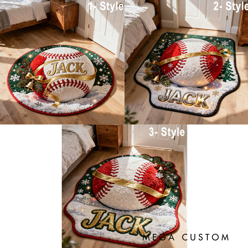 Personalized Baseball Christmas Rug with Custom Name and Holiday Design for Sports Fans