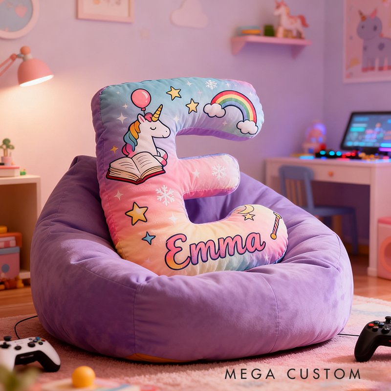 Personalized Gradient Letter Pillow with Unicorn Stars Moon Balloons and Whimsical Fairytale Magic Inspired Graphic 3D Print Pillow Christmas Gift