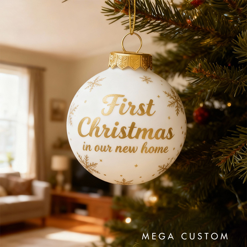 Personalized Christmas Ball Ornament First Christmas Ornament in Our New Home Red Holiday Decoration Custom Keepsake Gift for New Beginnings