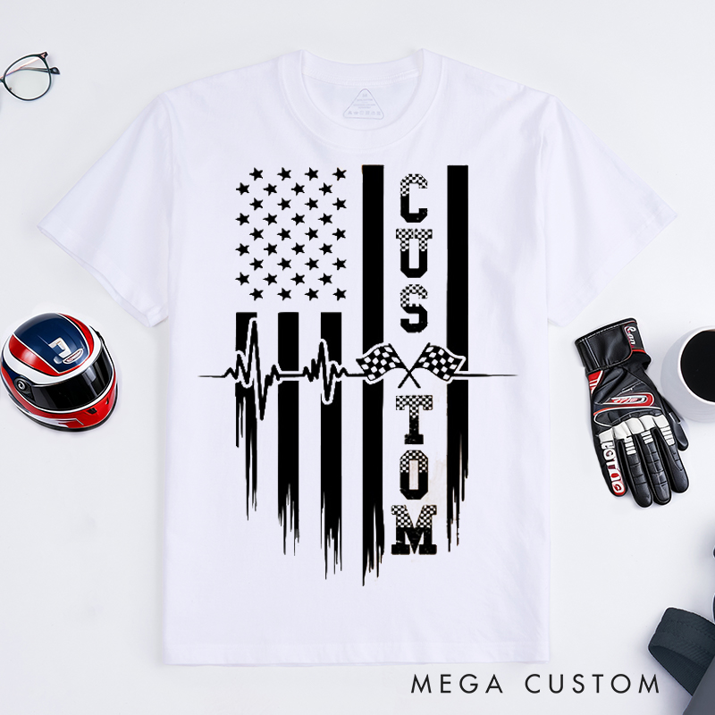Personalized Racing T Shirt Custom Text Heartbeat Checkered Flag American Flag Tee for Racing and Car Lovers