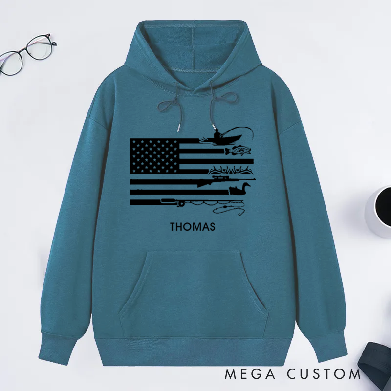 Personalized Fishing Hoodie American Flag Hunting and Fishing Sweatshirt Custom Name  Ideal for Anglers and Outdoor Enthusiasts