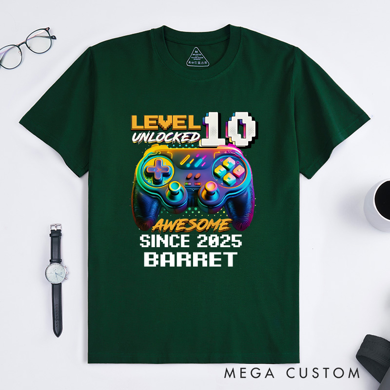 Personalized Level 10 Unlocked Shirt Funny Video Game Gamer T-Shirt for Teenager Boys and Girls Gift for Game Geek