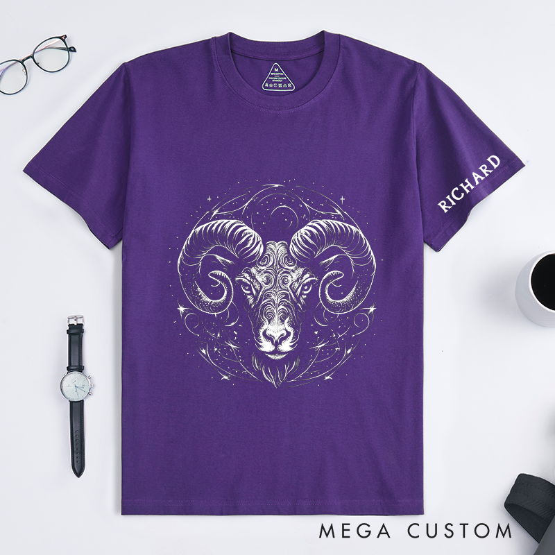 Personalized Ram Zodiac Classic T-Shirts Custom Cosmic Ram Star Sign Gift for Astrology Lovers Unisex Aries Birthday Present 