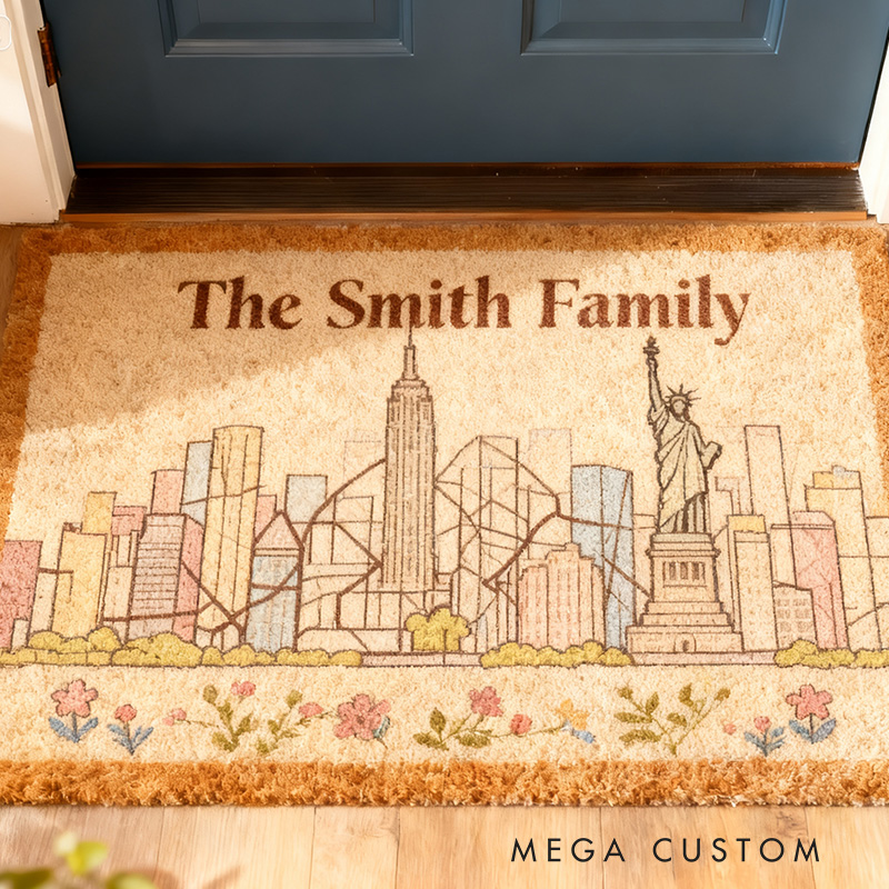 Personalized Cityscape Doormat New York City Skyline Custom Family Name Welcome Mat with Iconic Landmarks Durable Entryway Rug for Home Decor